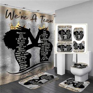 4PCS African American Shower Curtain Sets, Inspirational Quotes Black King Queen